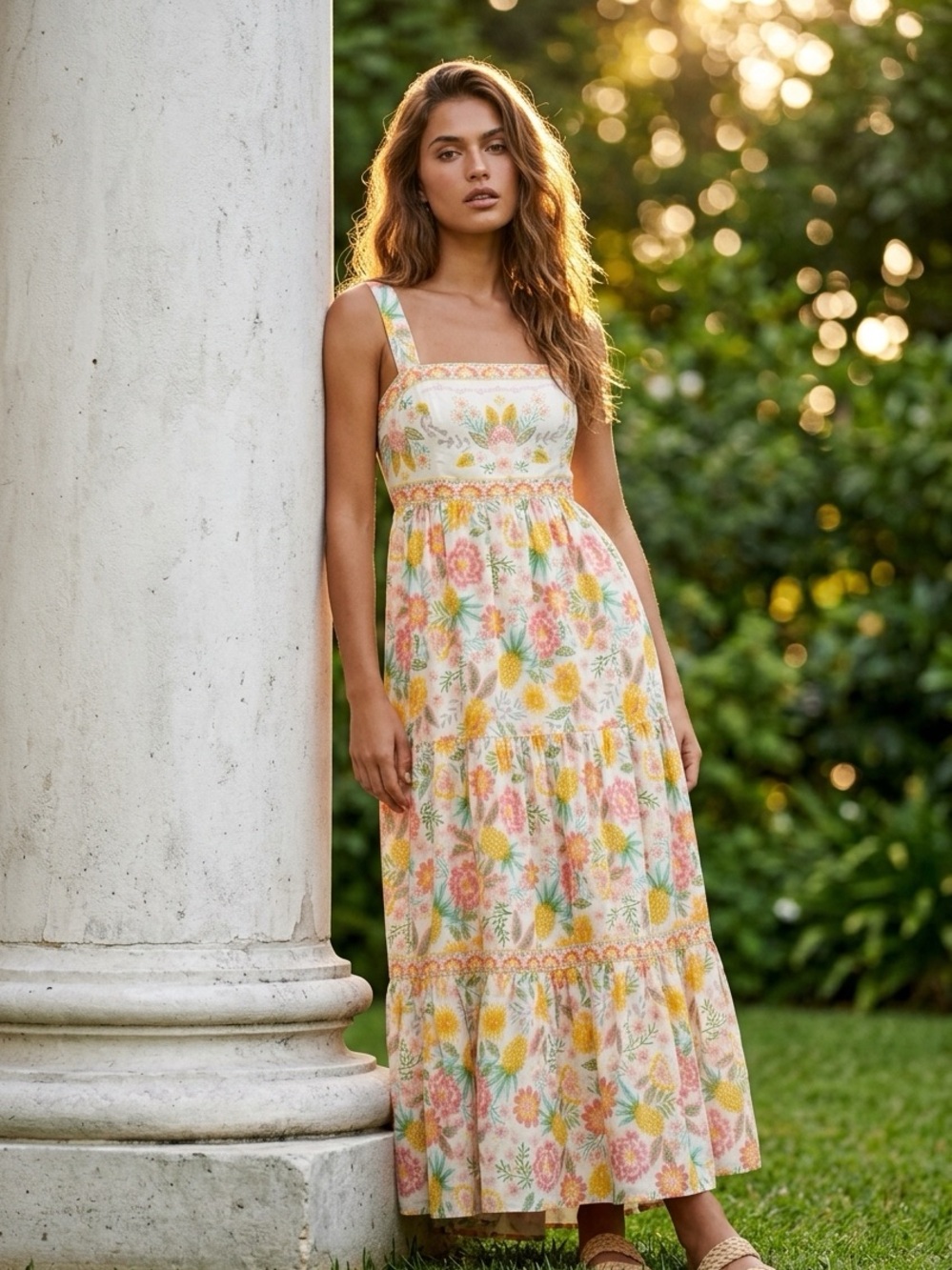 Floral Tiered Sundress in Pastel Yellow and Pink - Picture 3 of 14